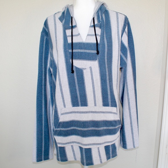 Brooklyn Cloth Tops - Brooklyn Cloth Mexican Baja Blue & White Hooded Sweater - Size Large